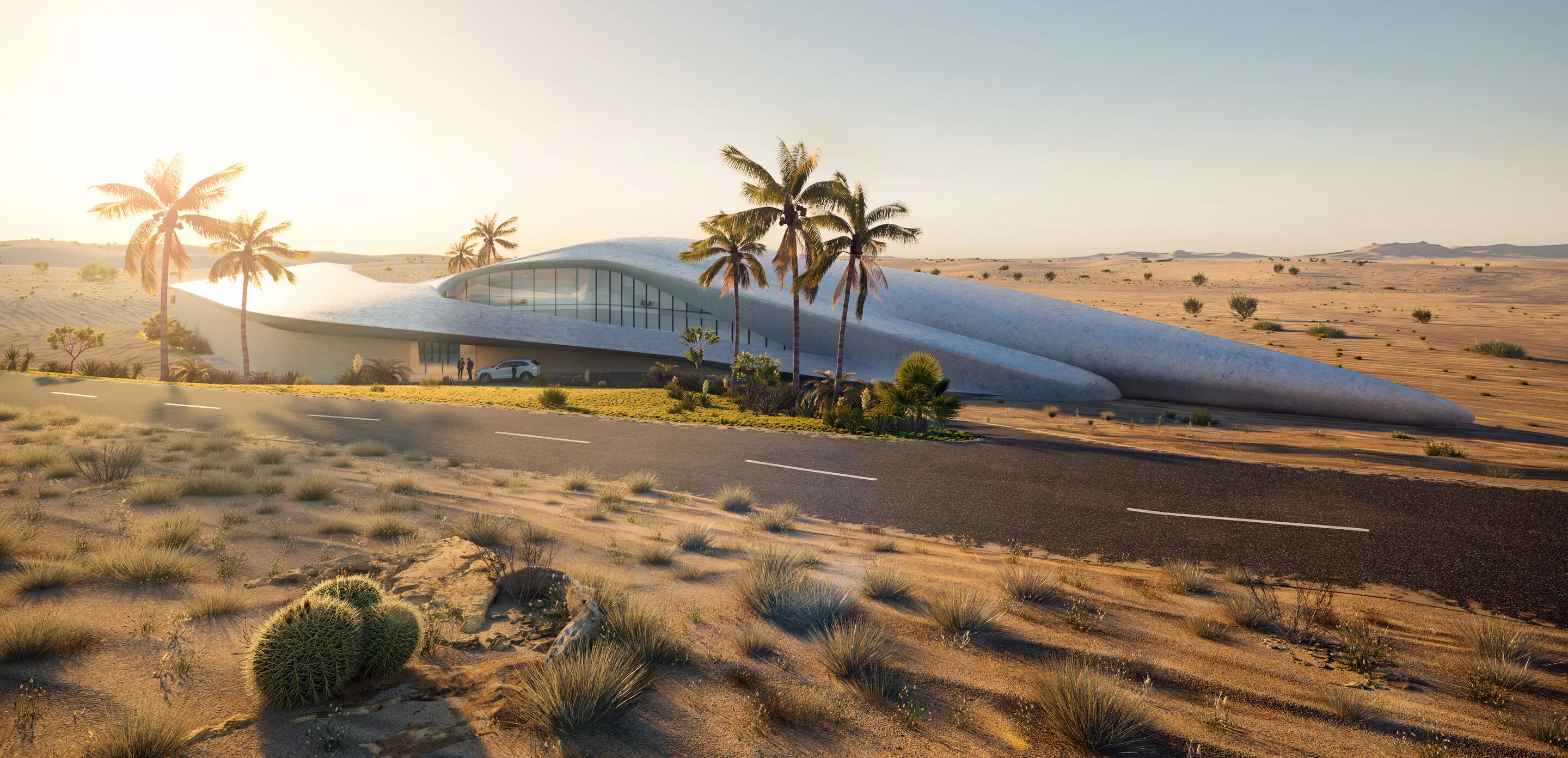 Futuristic desert architecture structure with an organic, wave-like roof form, nestled amid palm trees and desert terrain at sunset.
